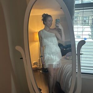 White Fringe One-Shoulder Mini Dress